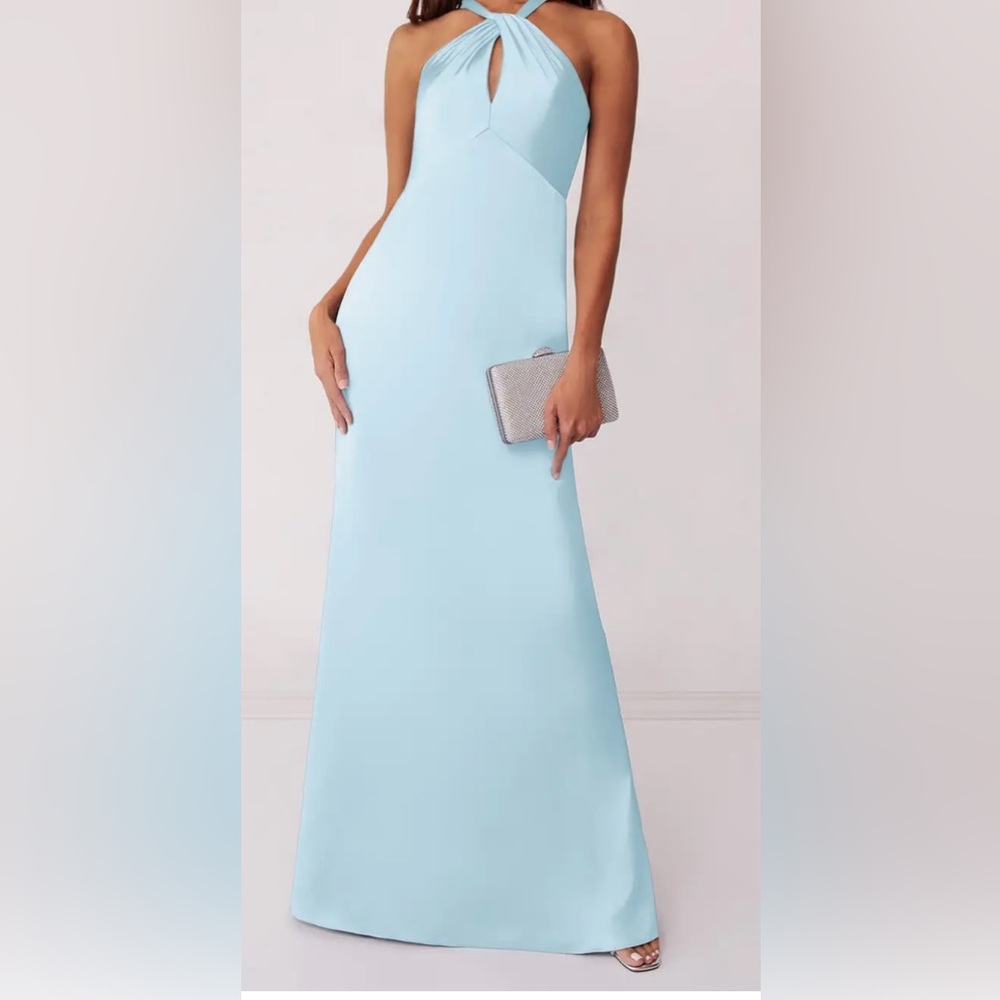 Elegant Blue Halter Maxi Dress, stretch satin